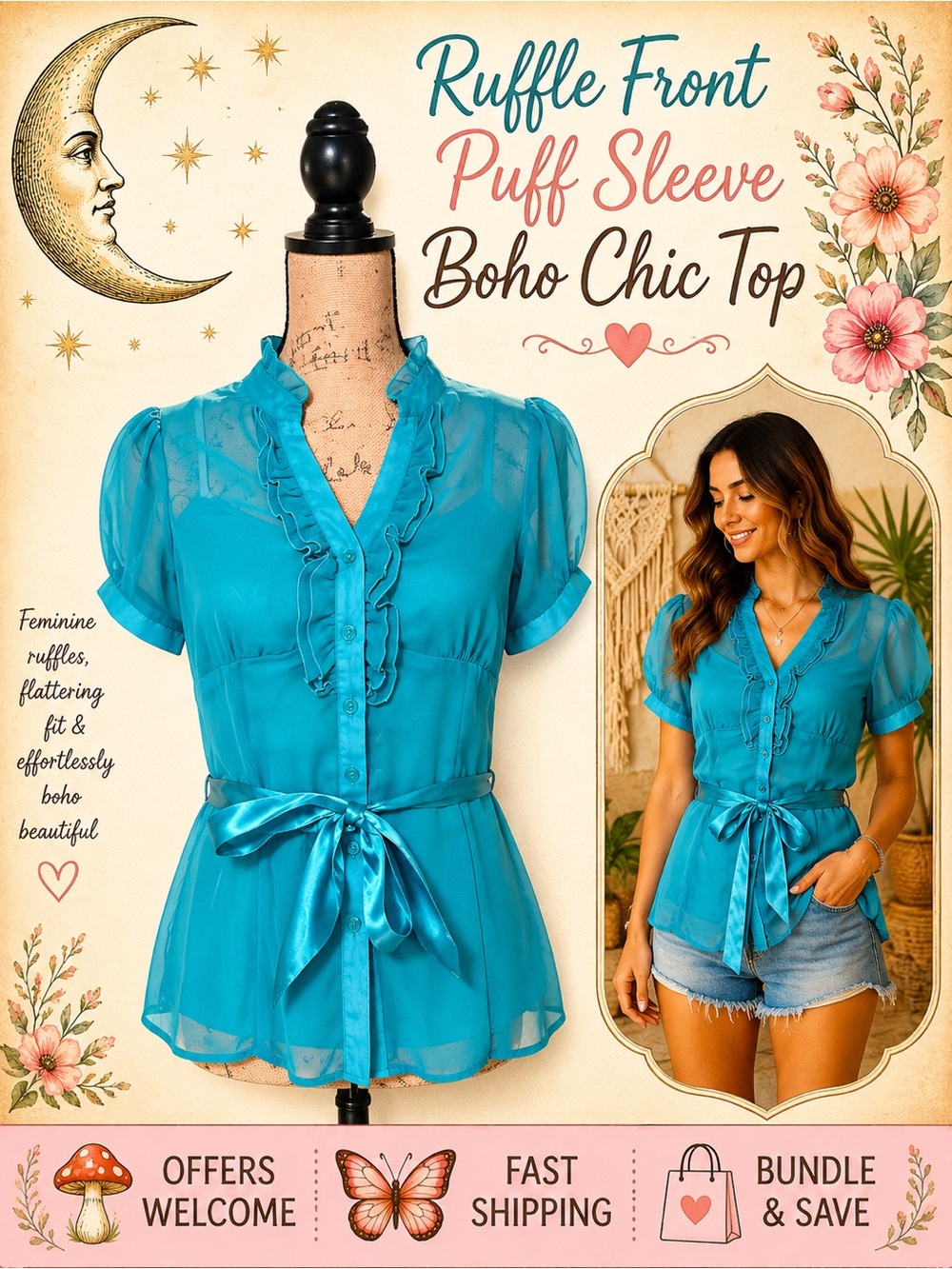Three Pink Hearts Trixxi Turquoise Sheer Ruffle Blouse & Camisole Size M